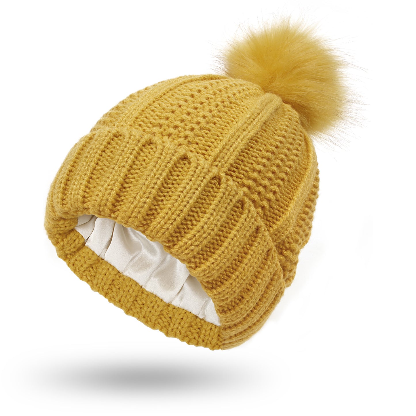 Women's satin-lined knit beanie with faux fur pom – Cozy and stylish winter hat.