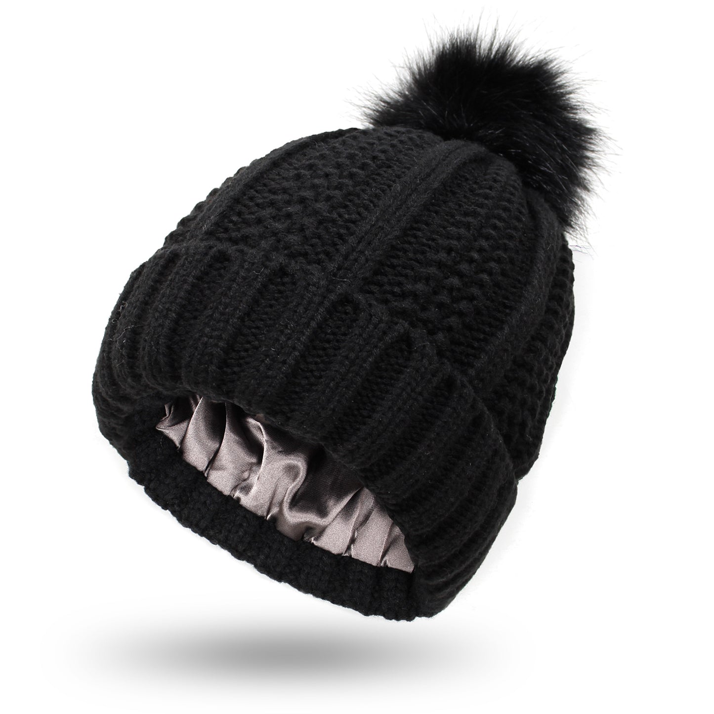 Women's satin-lined knit beanie with faux fur pom – Cozy and stylish winter hat.