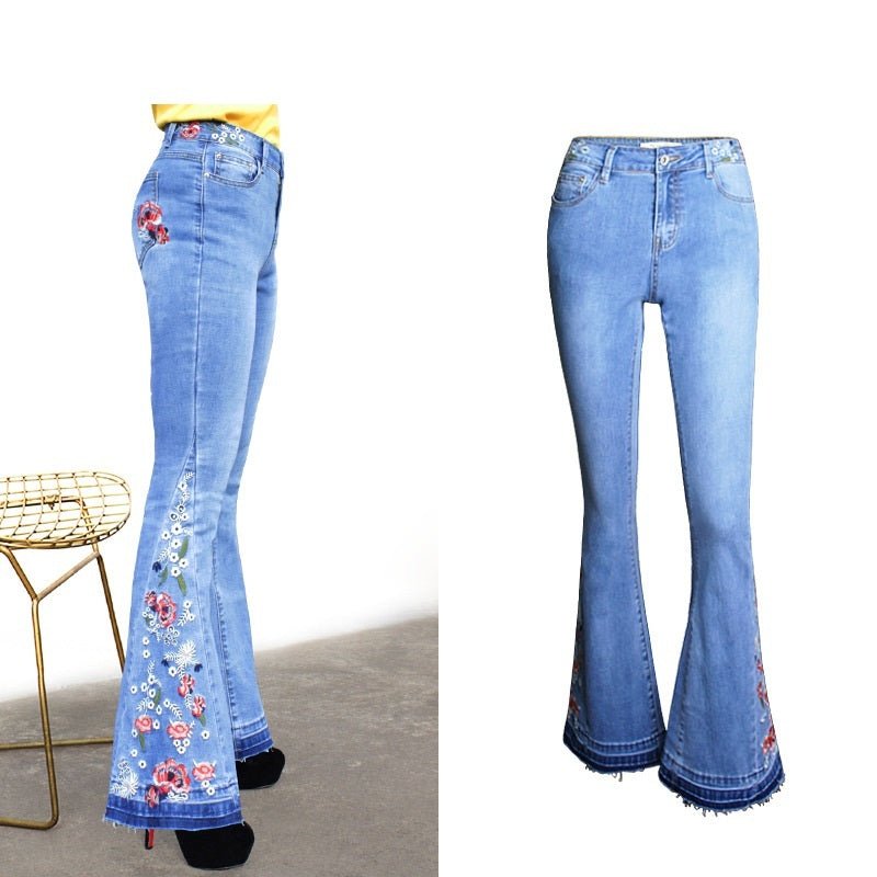 Women's Embroidered Denim Flared Pants – Light Wash, Wide Leg, Mid Waist - CasualFlowshop