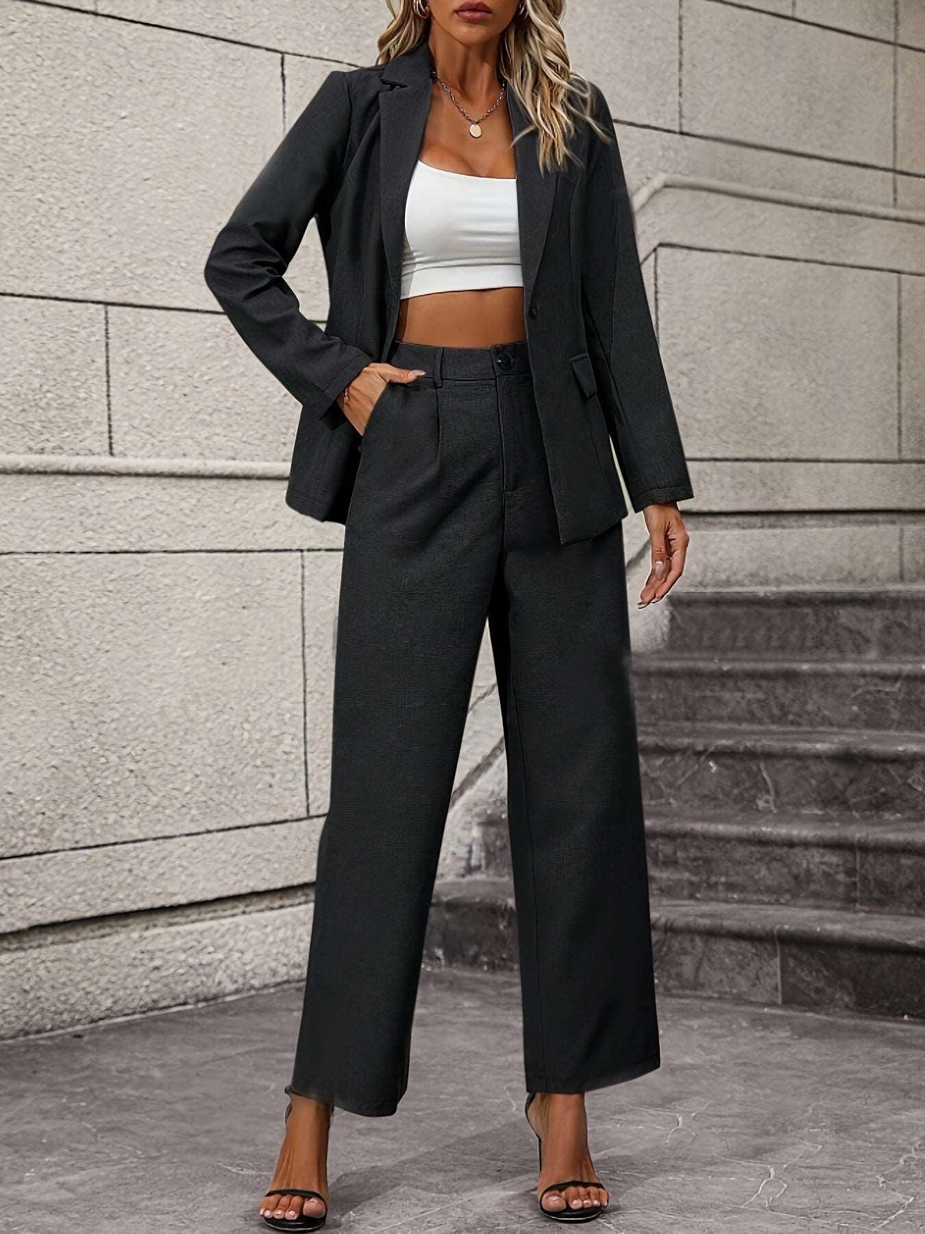 Contemporary Chic: Modern Floor - Length Pants Outfit with Tailored Jacket - CasualFlowshop