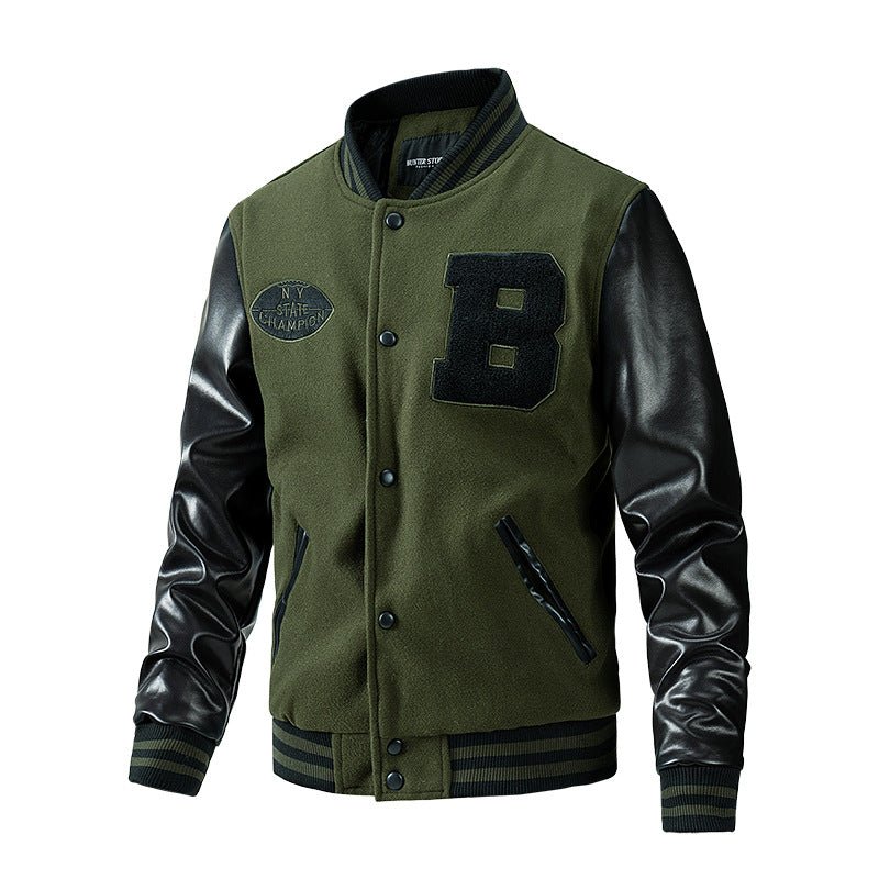 American Baseball Jacket with casual embroidery stitching, ribbed cuffs, and classic design in multiple colors.