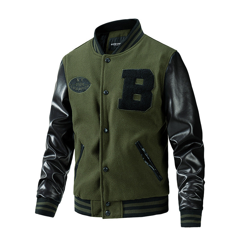 Green varsity American Baseball Jacket with black leather sleeves on a white background