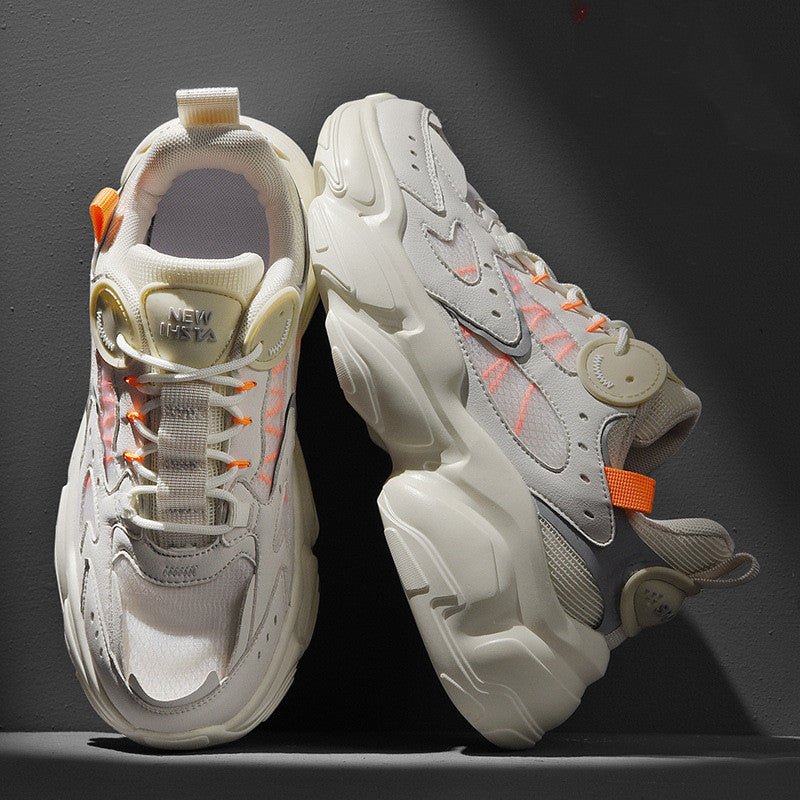 Men's Fashion Running Shoes – Stylish PU sneakers with breathable design and available in Black, White, and Beige.