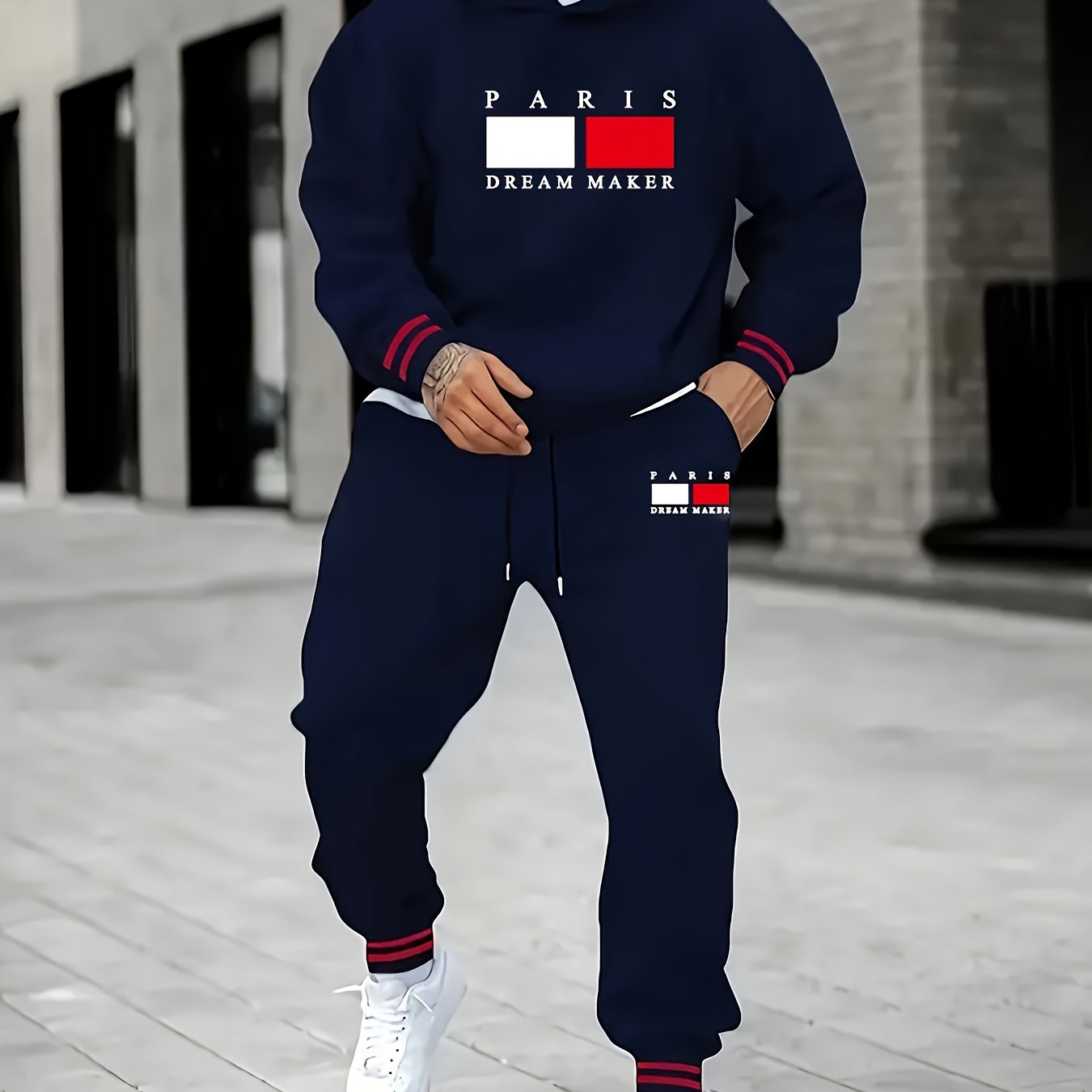 Parisian Chic Geometric Pattern Hoodie & Joggers Set - Casusalflowshop